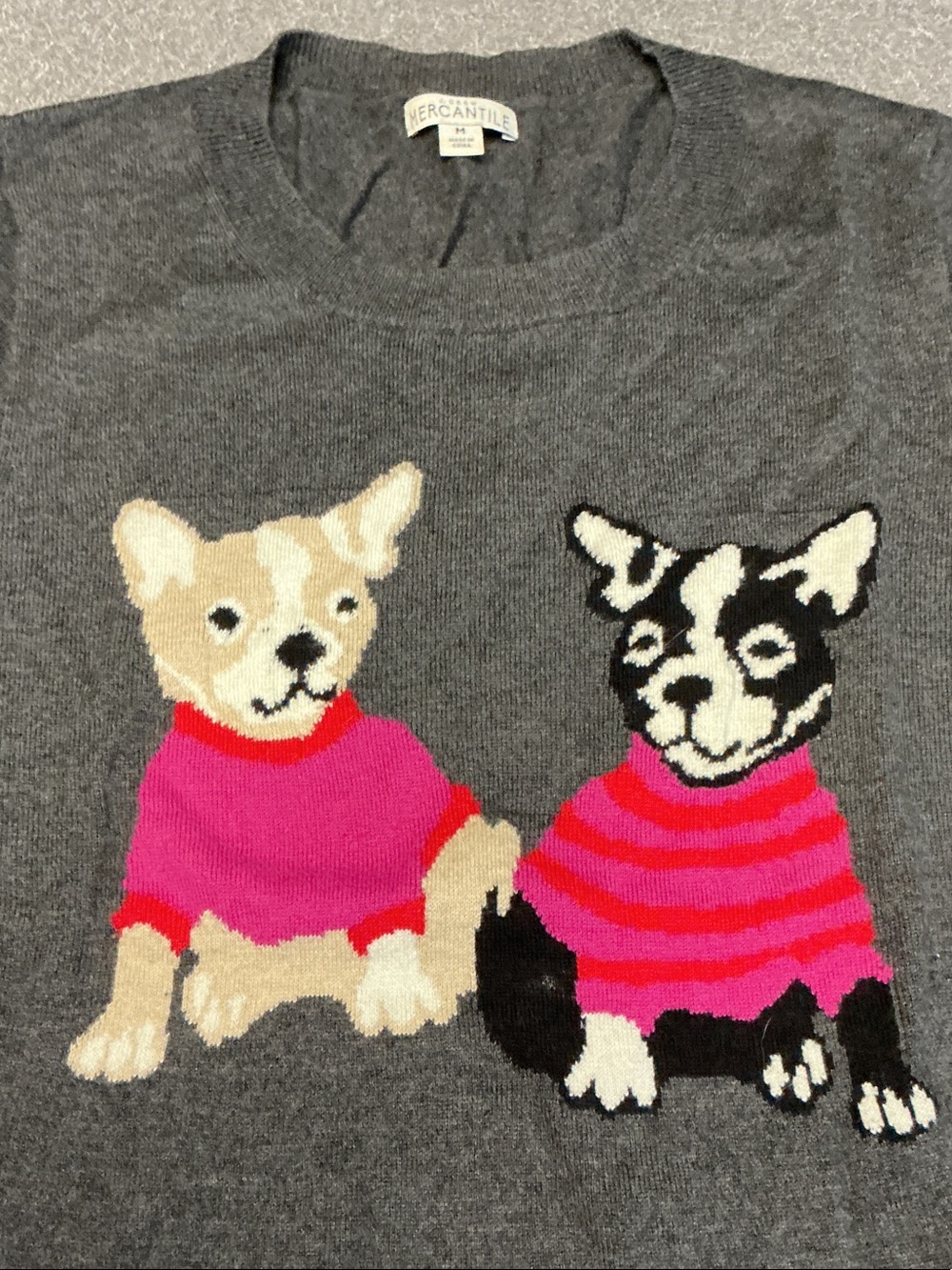 J. Crew Factory Gray Sweater with Pink-Striped Dog Motifs